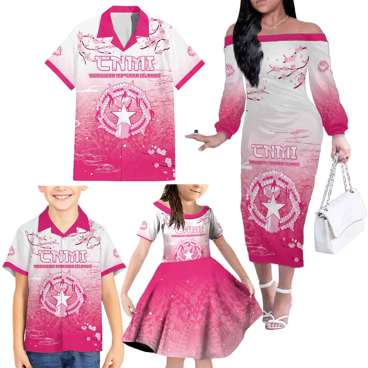 Personalized Sakura Marianas Family Matching Off The Shoulder Long Sleeve Dress and Hawaiian Shirt CNMI Seal