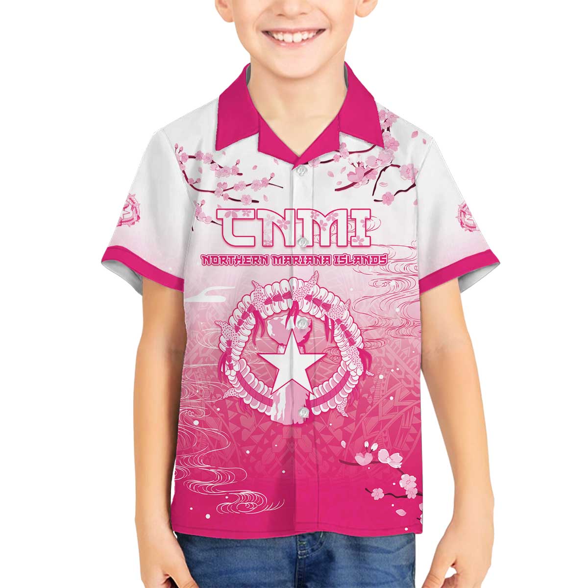 Personalized Sakura Marianas Family Matching Off The Shoulder Long Sleeve Dress and Hawaiian Shirt CNMI Seal