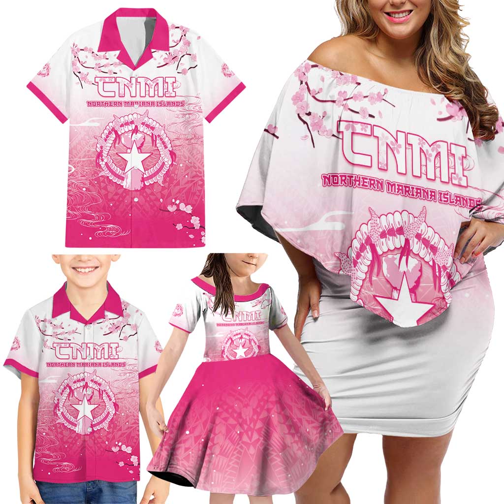 Personalized Sakura Marianas Family Matching Off Shoulder Short Dress and Hawaiian Shirt CNMI Seal LT05 - Polynesian Pride