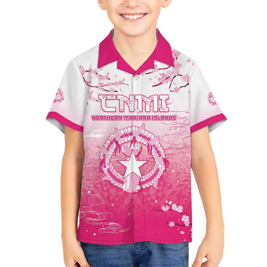 Personalized Sakura Marianas Family Matching Off Shoulder Short Dress and Hawaiian Shirt CNMI Seal LT05 Son's Shirt Pink - Polynesian Pride