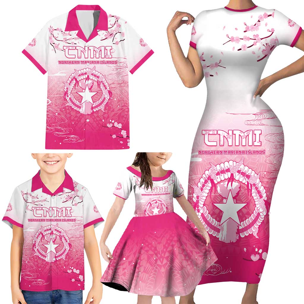 Personalized Sakura Marianas Family Matching Short Sleeve Bodycon Dress and Hawaiian Shirt CNMI Seal