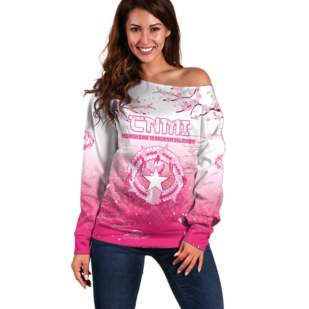Personalized Sakura Marianas Off Shoulder Sweater CNMI Seal LT05 Women Pink - Polynesian Pride
