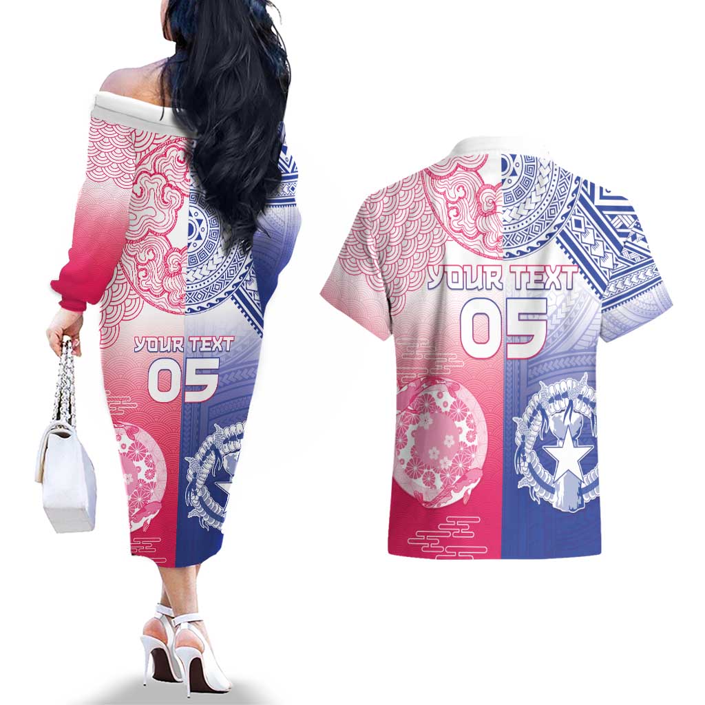 Custom Northern Mariana Islands And Japan Together Couples Matching Off The Shoulder Long Sleeve Dress and Hawaiian Shirt