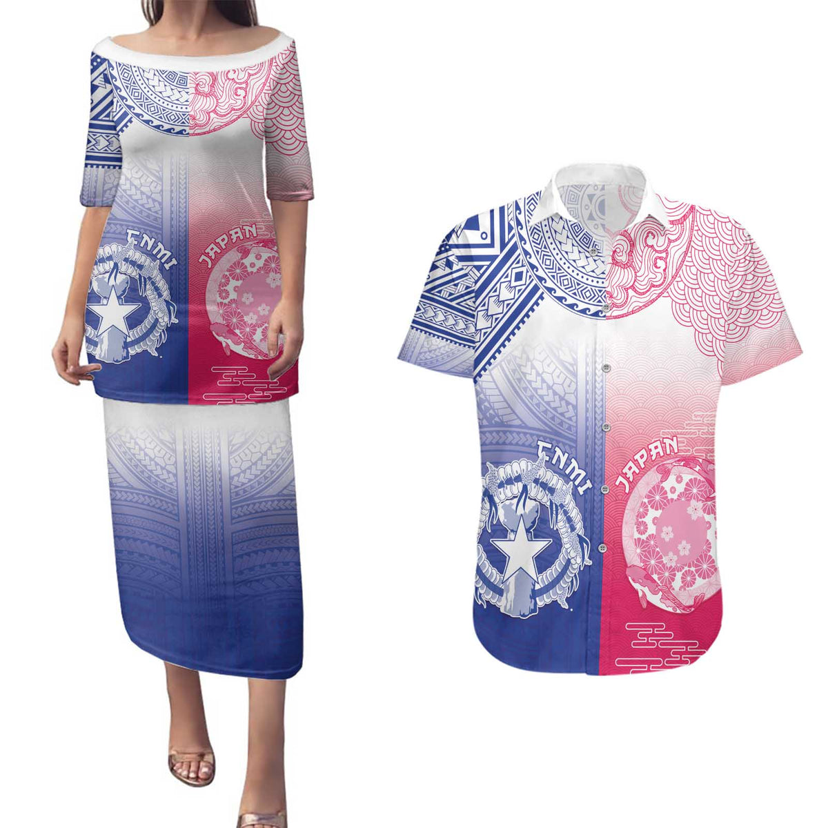 Custom Northern Mariana Islands And Japan Together Couples Matching Puletasi and Hawaiian Shirt LT05 White - Polynesian Pride