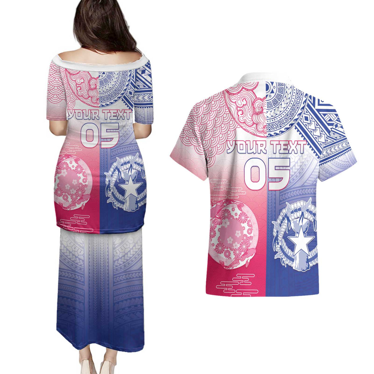Custom Northern Mariana Islands And Japan Together Couples Matching Puletasi and Hawaiian Shirt LT05 - Polynesian Pride