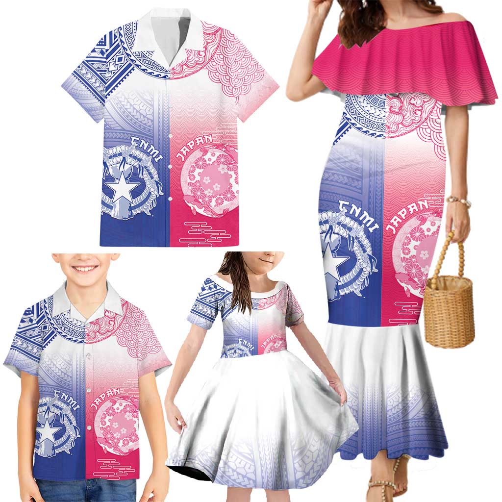 Custom Northern Mariana Islands And Japan Together Family Matching Mermaid Dress and Hawaiian Shirt
