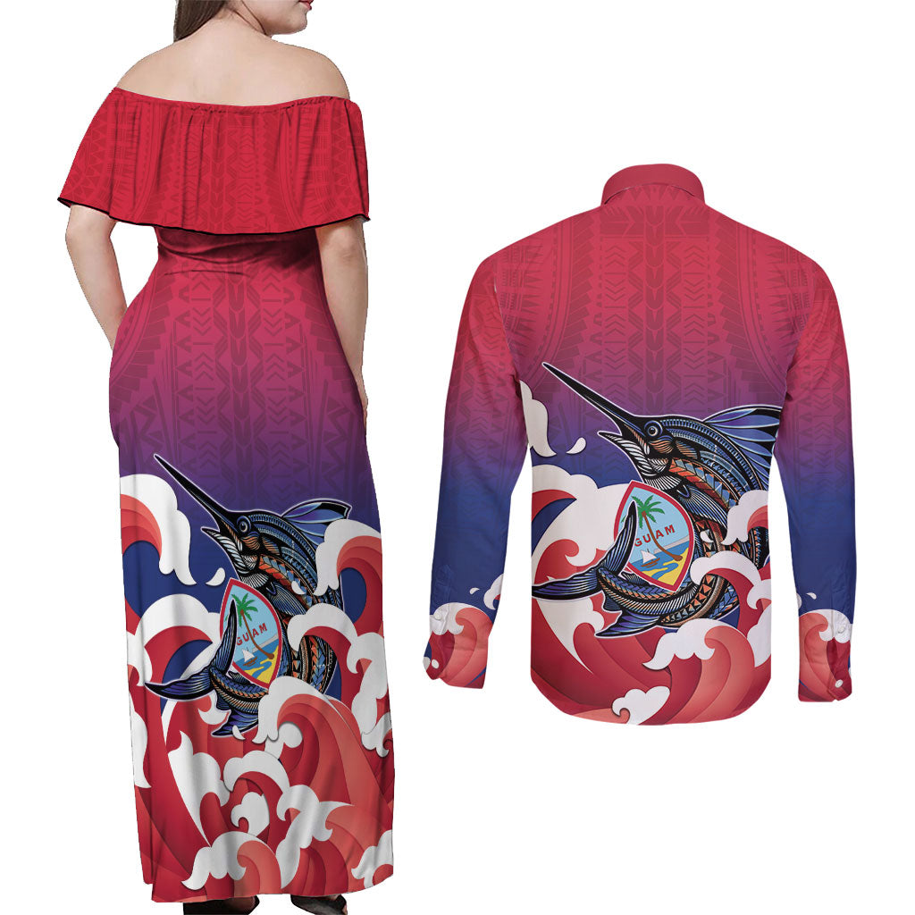 Guam Blue Marlin Fishing Couples Matching Off Shoulder Maxi Dress and Long Sleeve Button Shirt Polynesian Style LT05 - Polynesian Pride