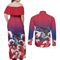 Guam Blue Marlin Fishing Couples Matching Off Shoulder Maxi Dress and Long Sleeve Button Shirt Polynesian Style LT05 - Polynesian Pride