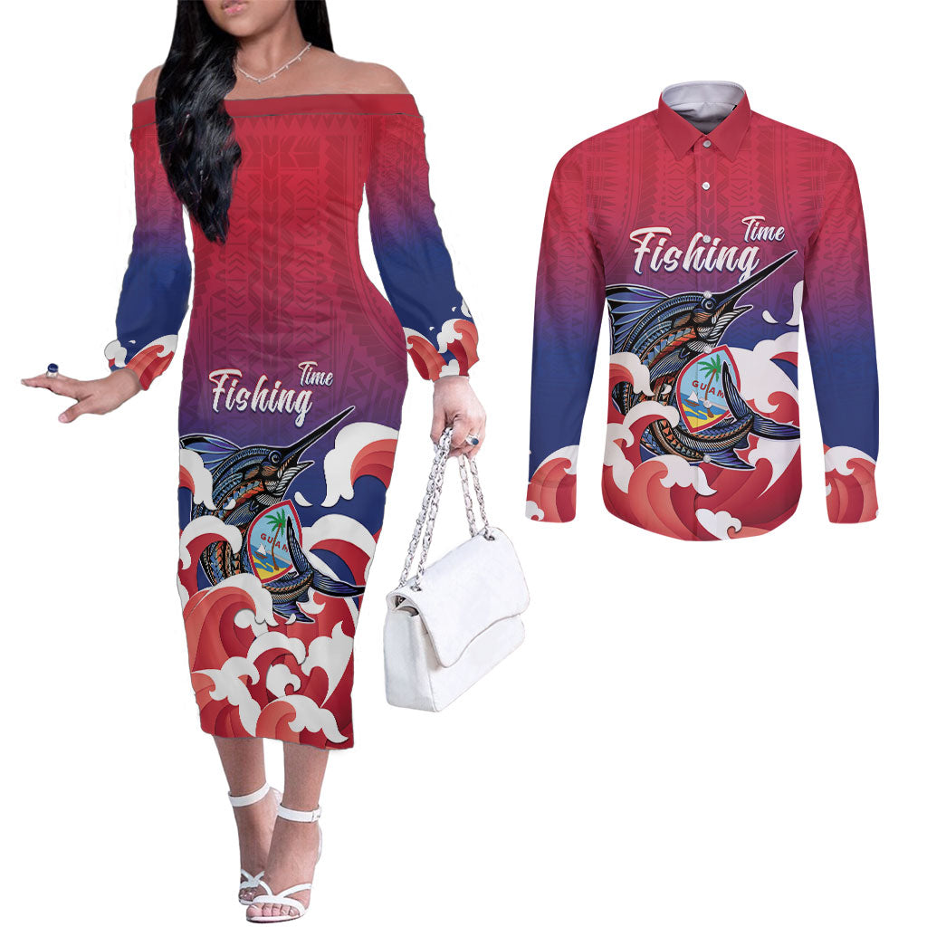 Guam Blue Marlin Fishing Couples Matching Off The Shoulder Long Sleeve Dress and Long Sleeve Button Shirt Polynesian Style LT05 Red - Polynesian Pride