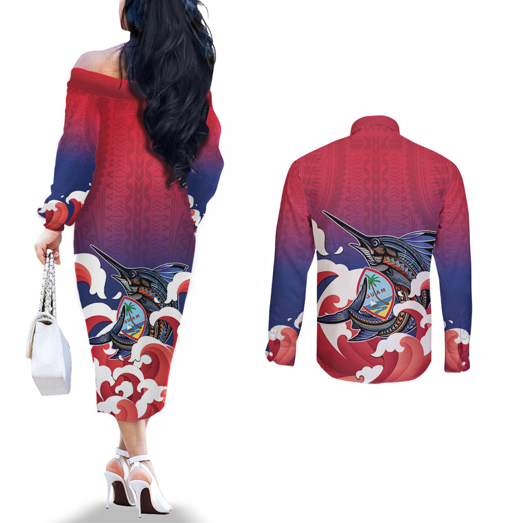 Guam Blue Marlin Fishing Couples Matching Off The Shoulder Long Sleeve Dress and Long Sleeve Button Shirt Polynesian Style LT05 - Polynesian Pride