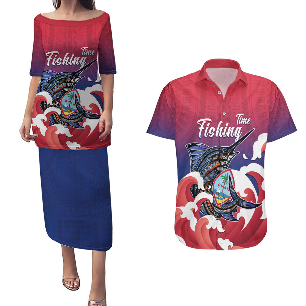 Guam Blue Marlin Fishing Couples Matching Puletasi and Hawaiian Shirt Polynesian Style