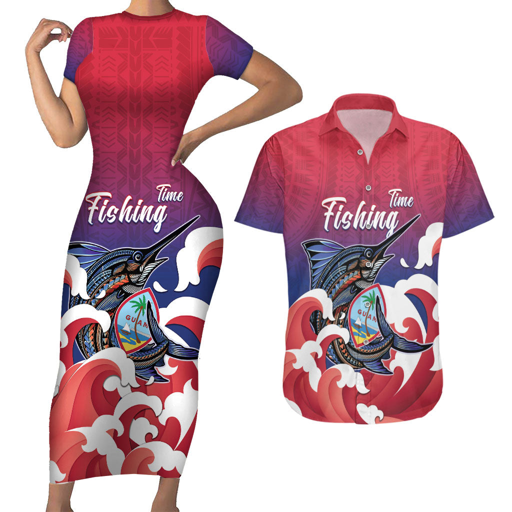 Guam Blue Marlin Fishing Couples Matching Short Sleeve Bodycon Dress and Hawaiian Shirt Polynesian Style LT05 Red - Polynesian Pride