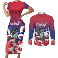 Guam Blue Marlin Fishing Couples Matching Short Sleeve Bodycon Dress and Long Sleeve Button Shirt Polynesian Style LT05 Red - Polynesian Pride
