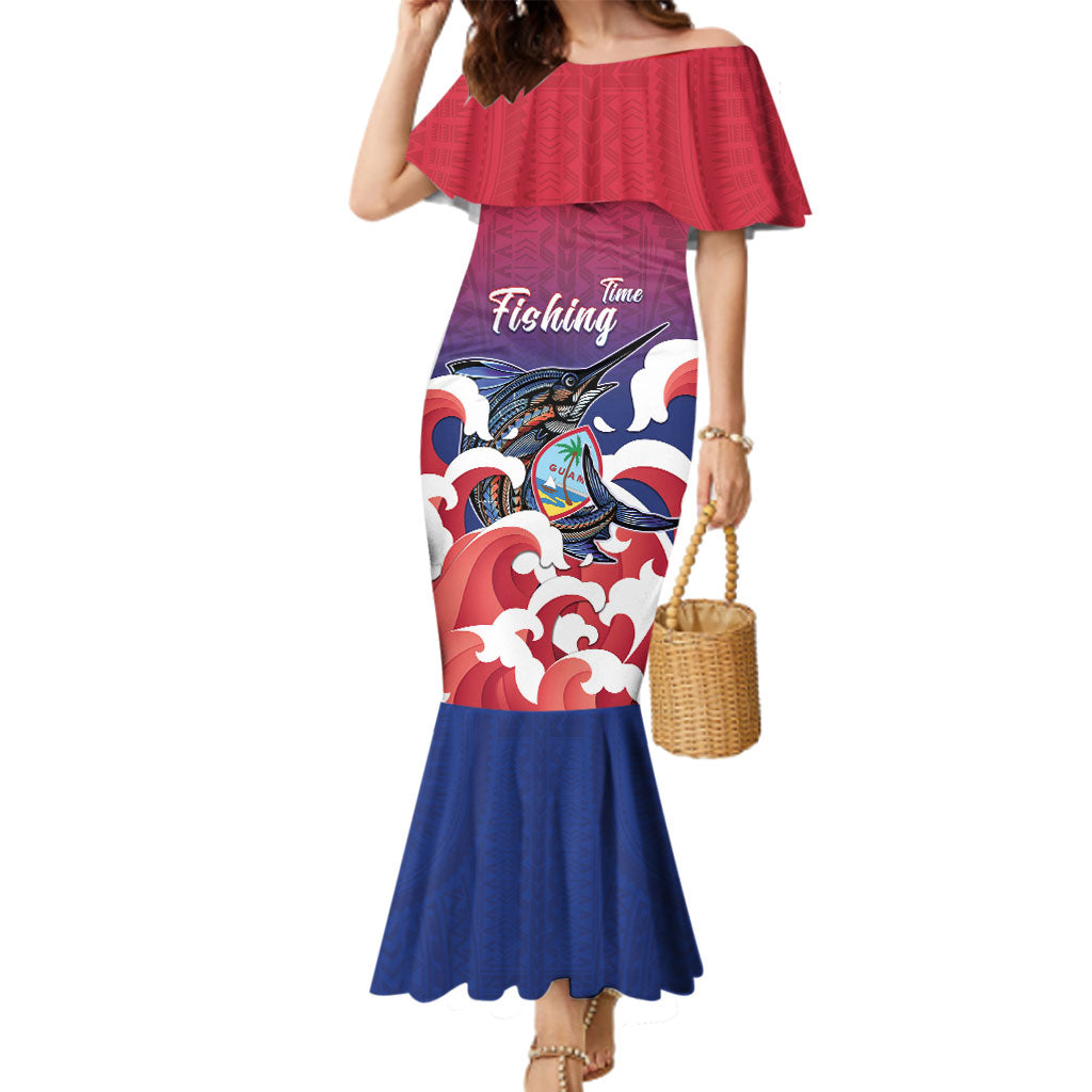 Guam Blue Marlin Fishing Family Matching Mermaid Dress and Hawaiian Shirt Polynesian Style LT05 Mom's Dress Red - Polynesian Pride