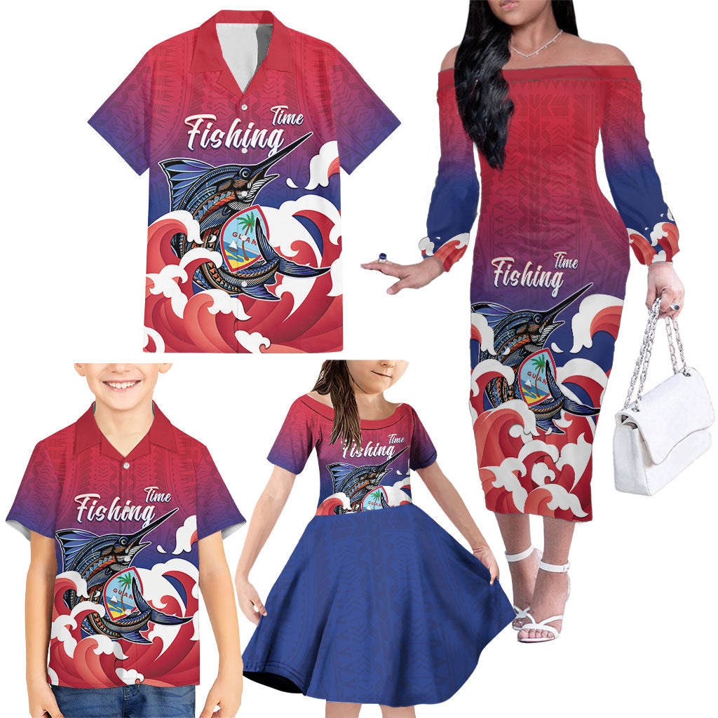 Guam Blue Marlin Fishing Family Matching Off The Shoulder Long Sleeve Dress and Hawaiian Shirt Polynesian Style LT05 - Polynesian Pride