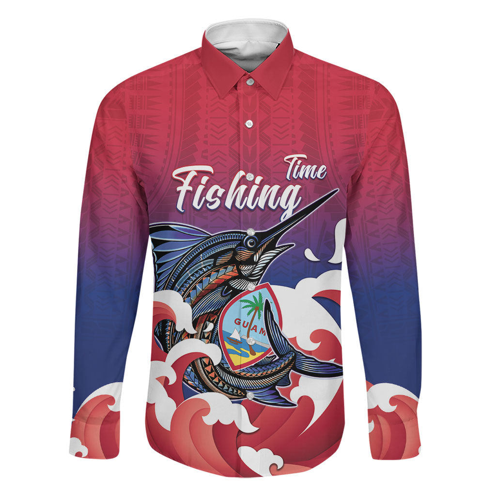 Guam Blue Marlin Fishing Family Matching Off The Shoulder Long Sleeve Dress and Hawaiian Shirt Polynesian Style LT05 Dad's Shirt - Long Sleeve Red - Polynesian Pride