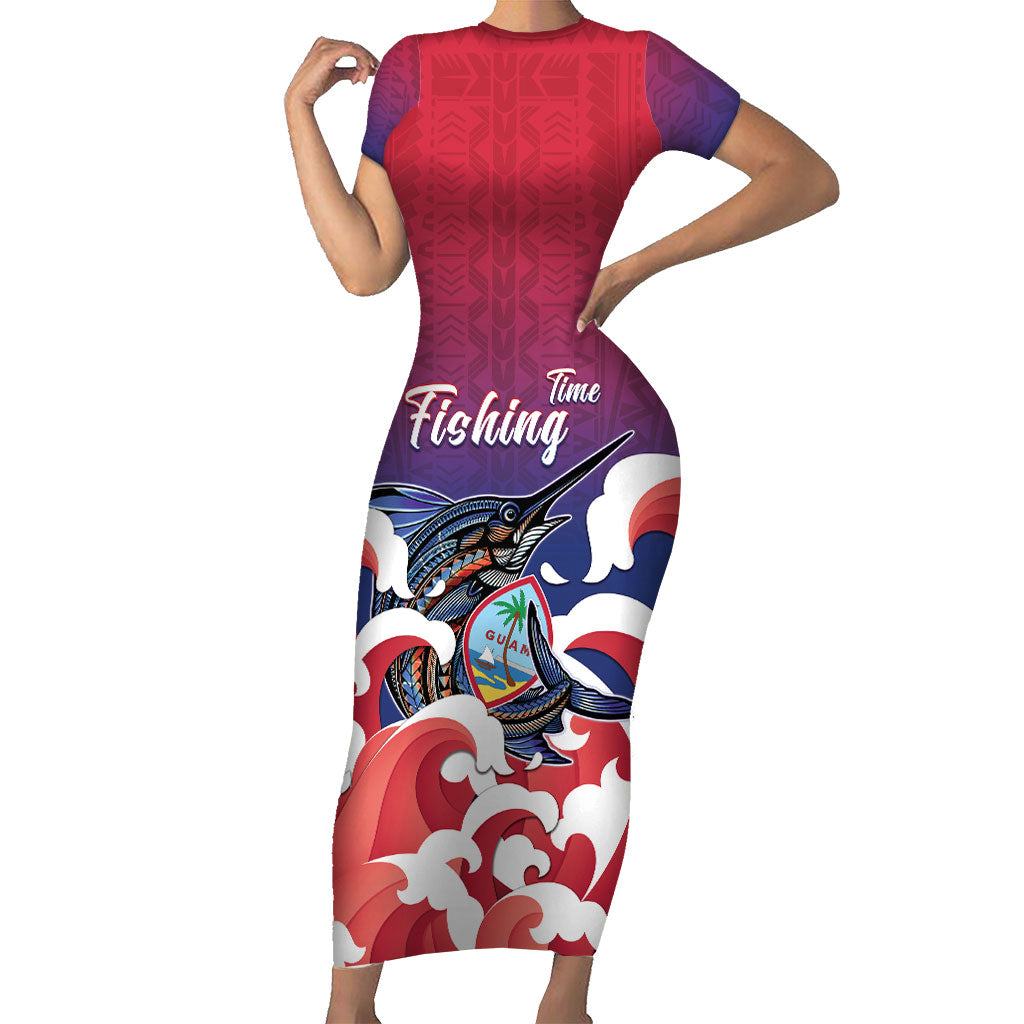 Guam Blue Marlin Fishing Family Matching Short Sleeve Bodycon Dress and Hawaiian Shirt Polynesian Style LT05 Mom's Dress Red - Polynesian Pride
