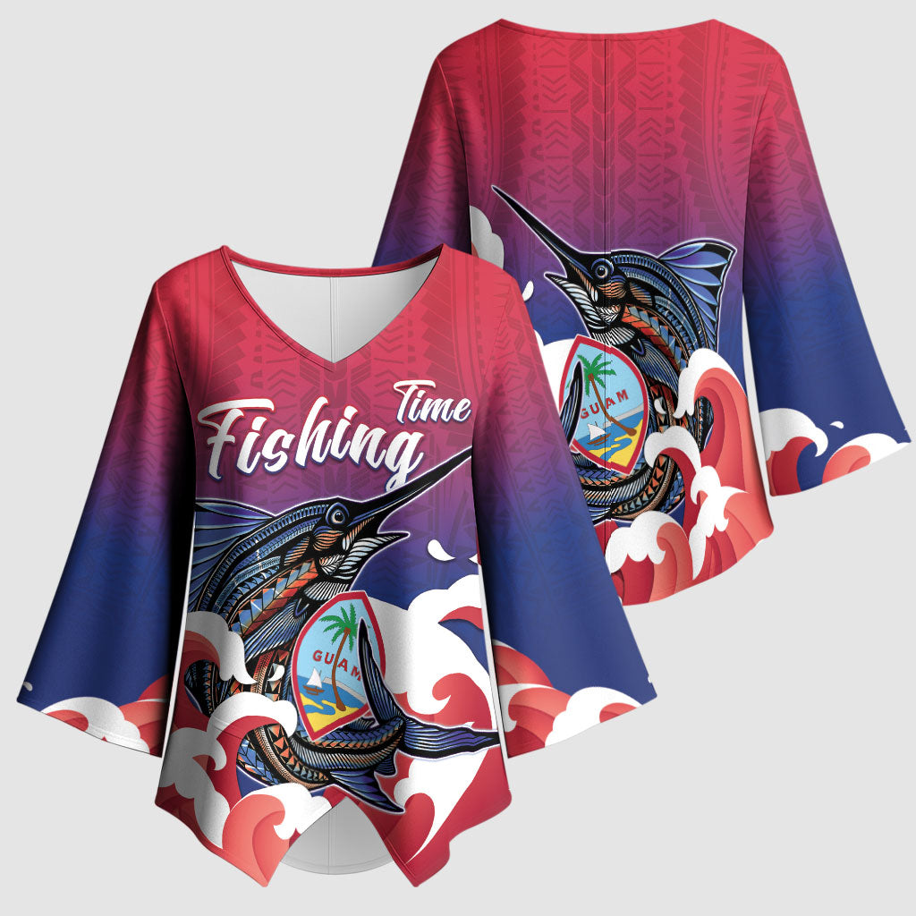 Guam Blue Marlin Fishing Kimono Sleeve Blouse Polynesian Style
