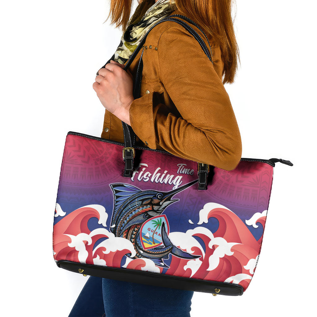 Guam Blue Marlin Fishing Leather Tote Bag Polynesian Style
