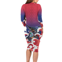 Guam Blue Marlin Fishing Long Sleeve Bodycon Dress Polynesian Style