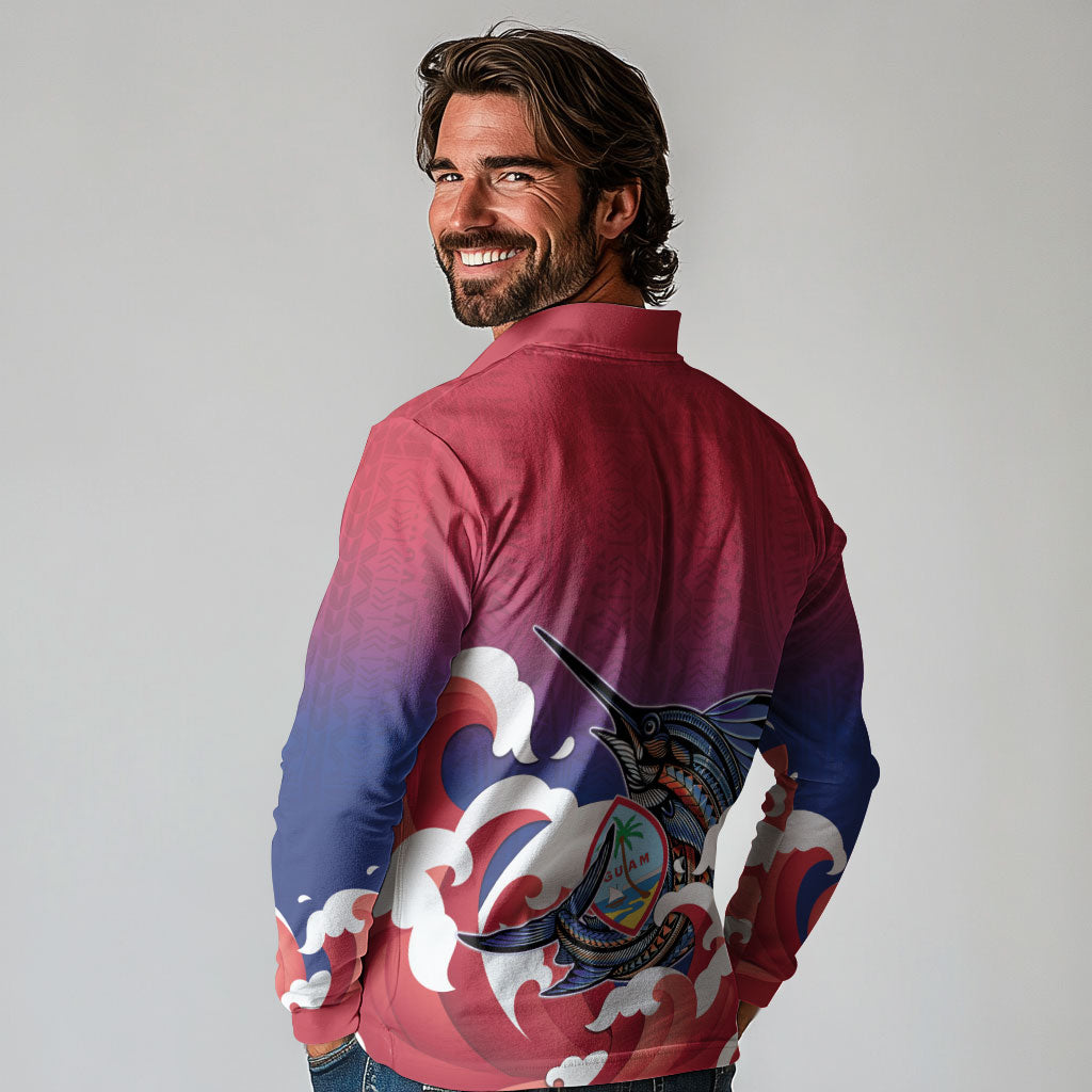 Guam Blue Marlin Fishing Long Sleeve Polo Shirt Polynesian Style