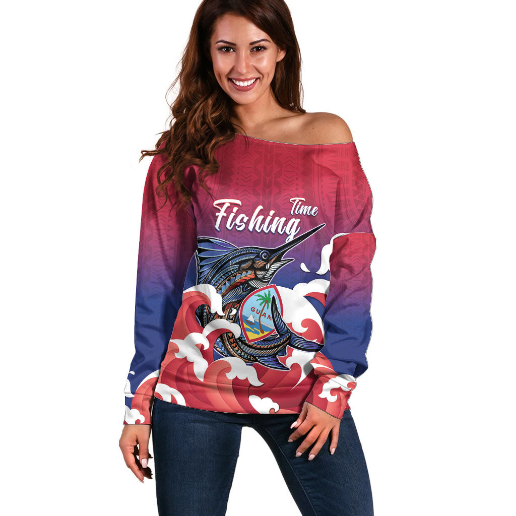 Guam Blue Marlin Fishing Off Shoulder Sweater Polynesian Style