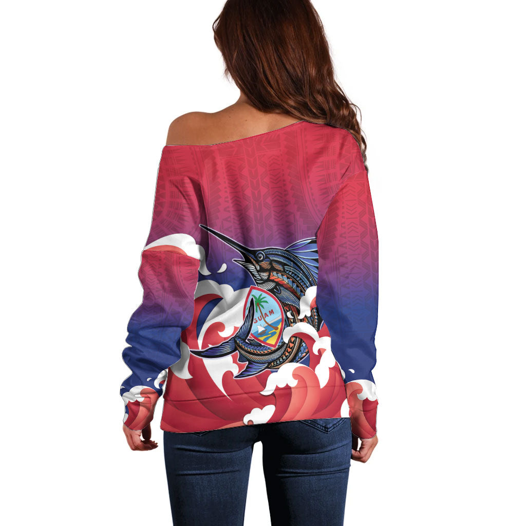 Guam Blue Marlin Fishing Off Shoulder Sweater Polynesian Style