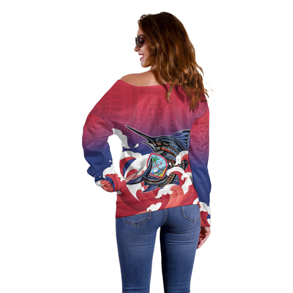 Guam Blue Marlin Fishing Off Shoulder Sweater Polynesian Style