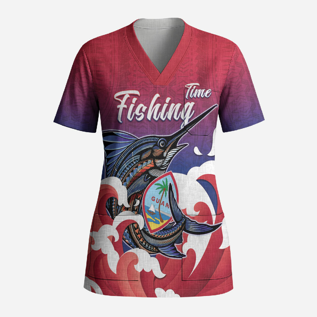 Guam Blue Marlin Fishing Scrub Top Polynesian Style