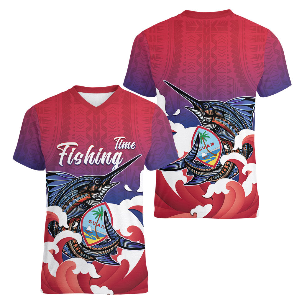Guam Blue Marlin Fishing Women V-Neck T-Shirt Polynesian Style