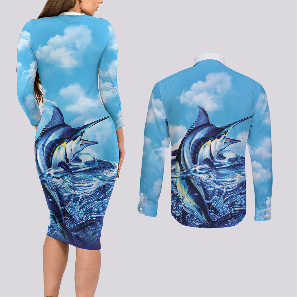 Hawaii Blue Marlin Fishing Couples Matching Long Sleeve Bodycon Dress and Long Sleeve Button Shirt