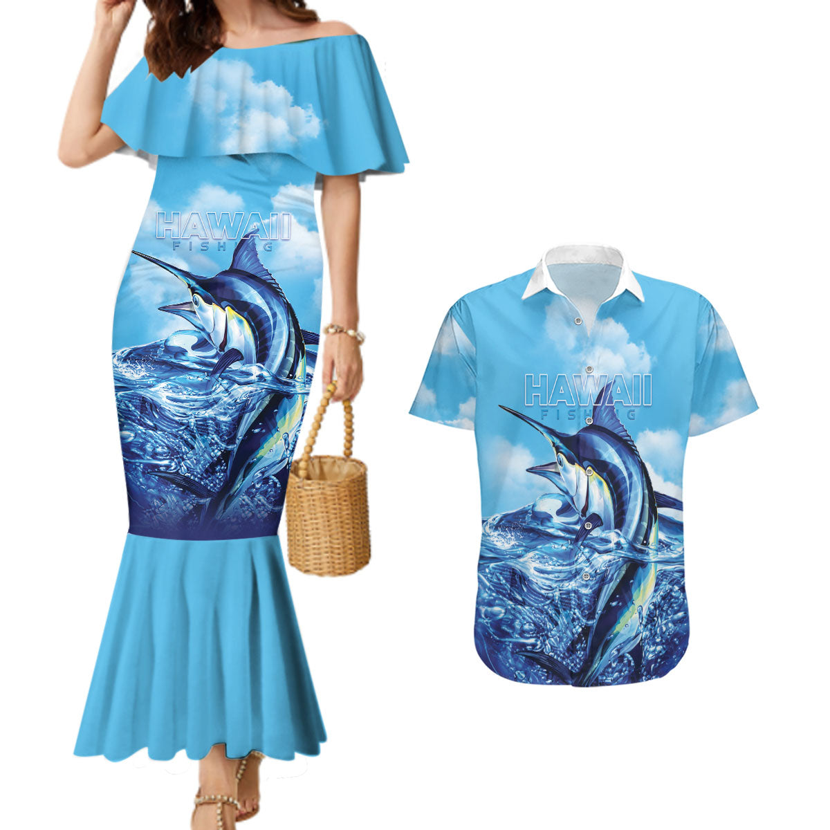 Hawaii Blue Marlin Fishing Couples Matching Mermaid Dress and Hawaiian Shirt