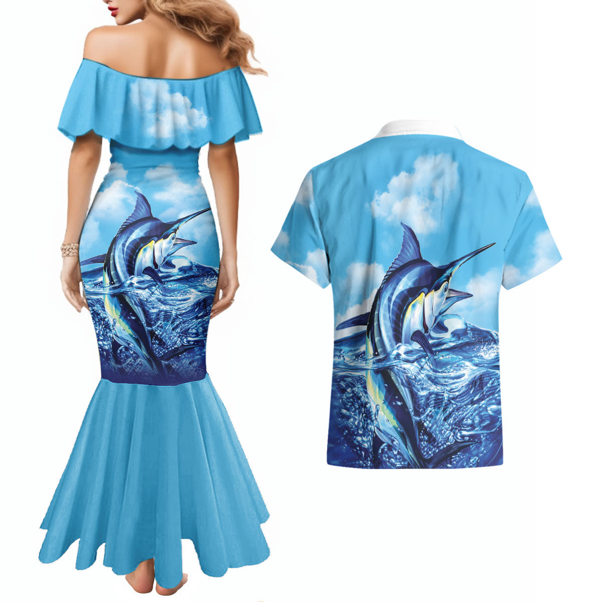 Hawaii Blue Marlin Fishing Couples Matching Mermaid Dress and Hawaiian Shirt LT05 - Polynesian Pride