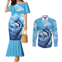 Hawaii Blue Marlin Fishing Couples Matching Mermaid Dress and Long Sleeve Button Shirt