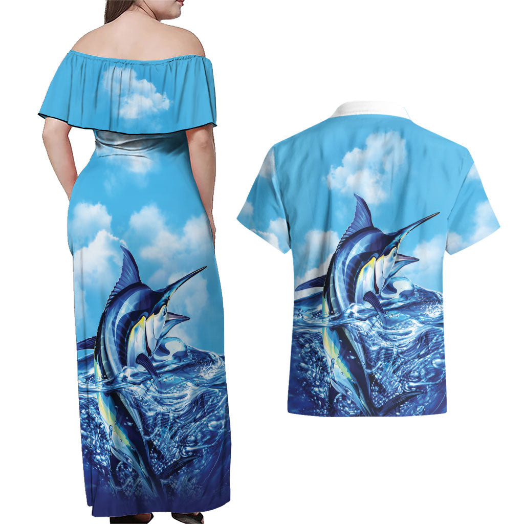 Hawaii Blue Marlin Fishing Couples Matching Off Shoulder Maxi Dress and Hawaiian Shirt LT05 - Polynesian Pride
