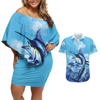 Hawaii Blue Marlin Fishing Couples Matching Off Shoulder Short Dress and Hawaiian Shirt LT05 Blue - Polynesian Pride