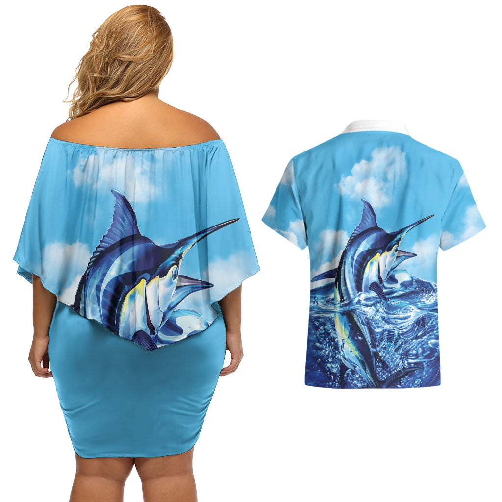 Hawaii Blue Marlin Fishing Couples Matching Off Shoulder Short Dress and Hawaiian Shirt LT05 - Polynesian Pride