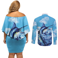 Hawaii Blue Marlin Fishing Couples Matching Off Shoulder Short Dress and Long Sleeve Button Shirt