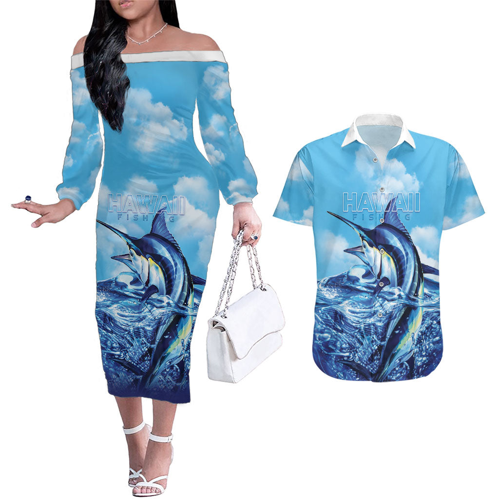 Hawaii Blue Marlin Fishing Couples Matching Off The Shoulder Long Sleeve Dress and Hawaiian Shirt