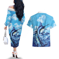 Hawaii Blue Marlin Fishing Couples Matching Off The Shoulder Long Sleeve Dress and Hawaiian Shirt LT05 - Polynesian Pride