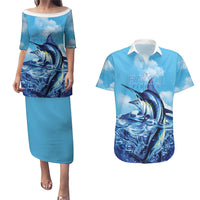 Hawaii Blue Marlin Fishing Couples Matching Puletasi and Hawaiian Shirt