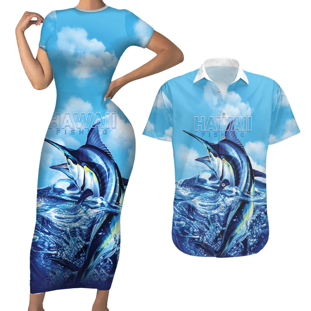 Hawaii Blue Marlin Fishing Couples Matching Short Sleeve Bodycon Dress and Hawaiian Shirt LT05 Blue - Polynesian Pride