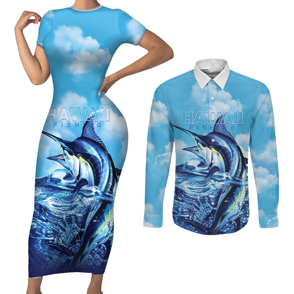 Hawaii Blue Marlin Fishing Couples Matching Short Sleeve Bodycon Dress and Long Sleeve Button Shirt