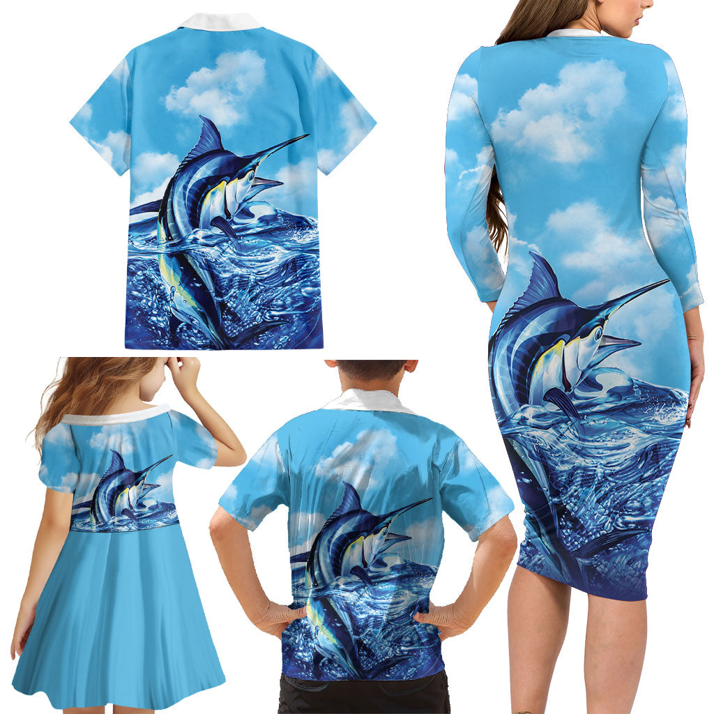 Hawaii Blue Marlin Fishing Family Matching Long Sleeve Bodycon Dress and Hawaiian Shirt LT05 - Polynesian Pride
