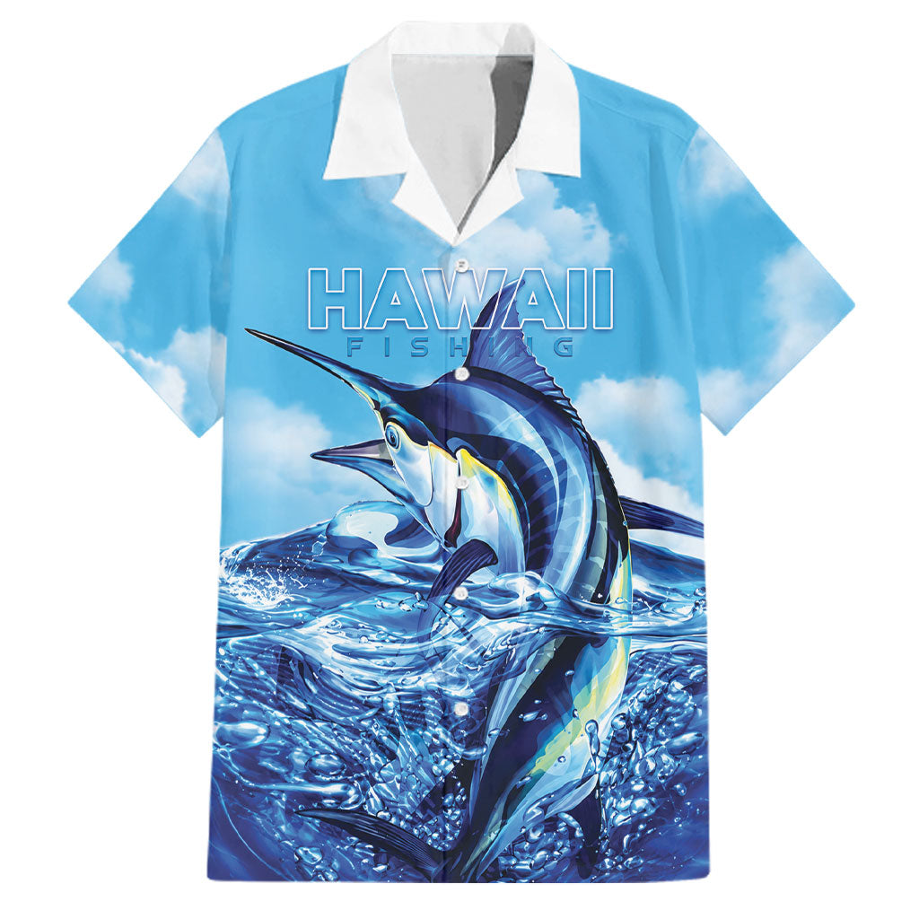 Hawaii Blue Marlin Fishing Family Matching Long Sleeve Bodycon Dress and Hawaiian Shirt LT05 Dad's Shirt - Short Sleeve Blue - Polynesian Pride