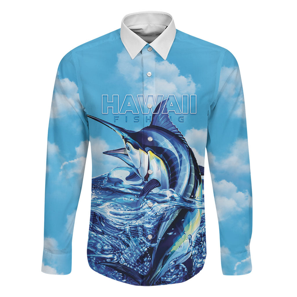 Hawaii Blue Marlin Fishing Family Matching Off The Shoulder Long Sleeve Dress and Hawaiian Shirt LT05 Dad's Shirt - Long Sleeve Blue - Polynesian Pride