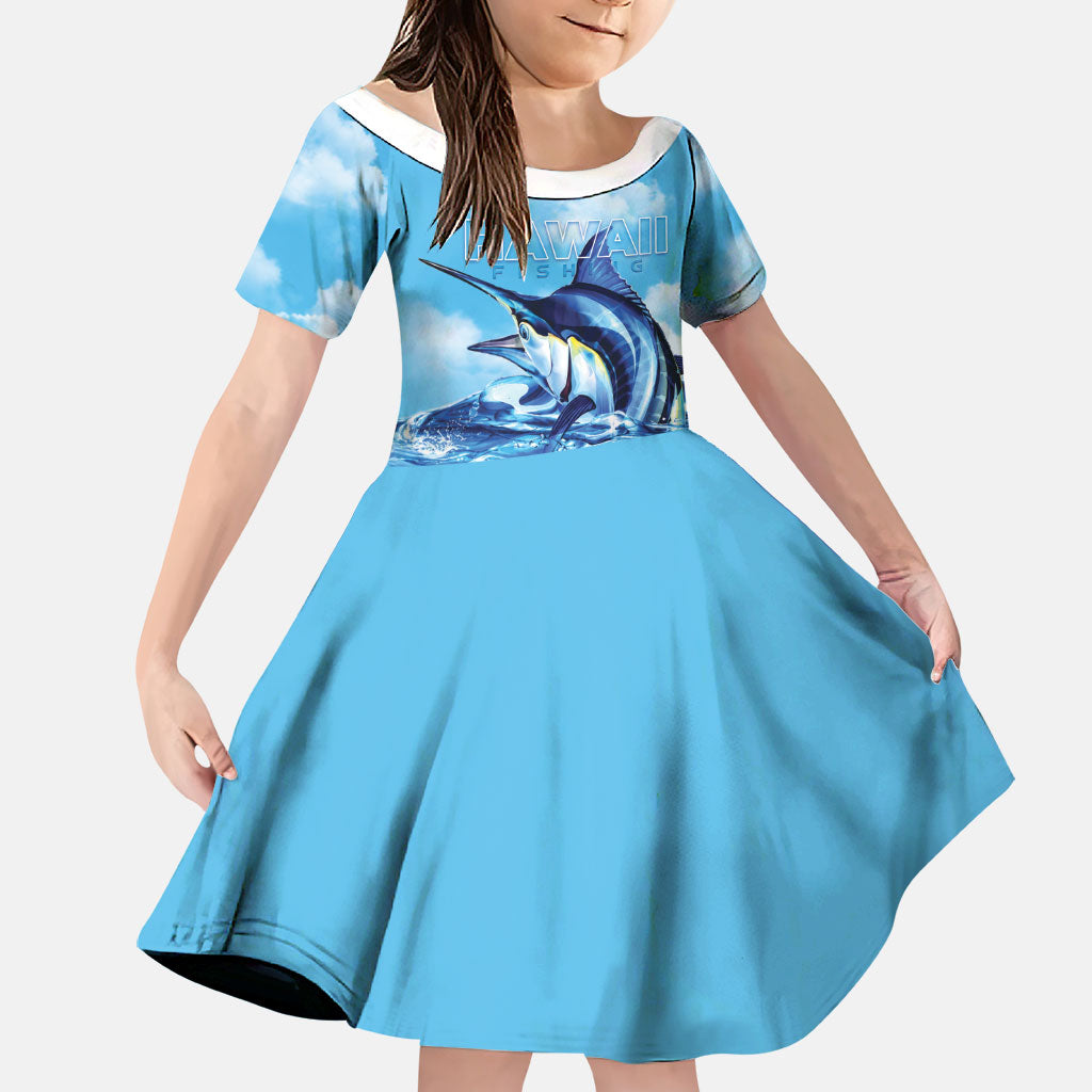 Hawaii Blue Marlin Fishing Family Matching Off Shoulder Short Dress and Hawaiian Shirt