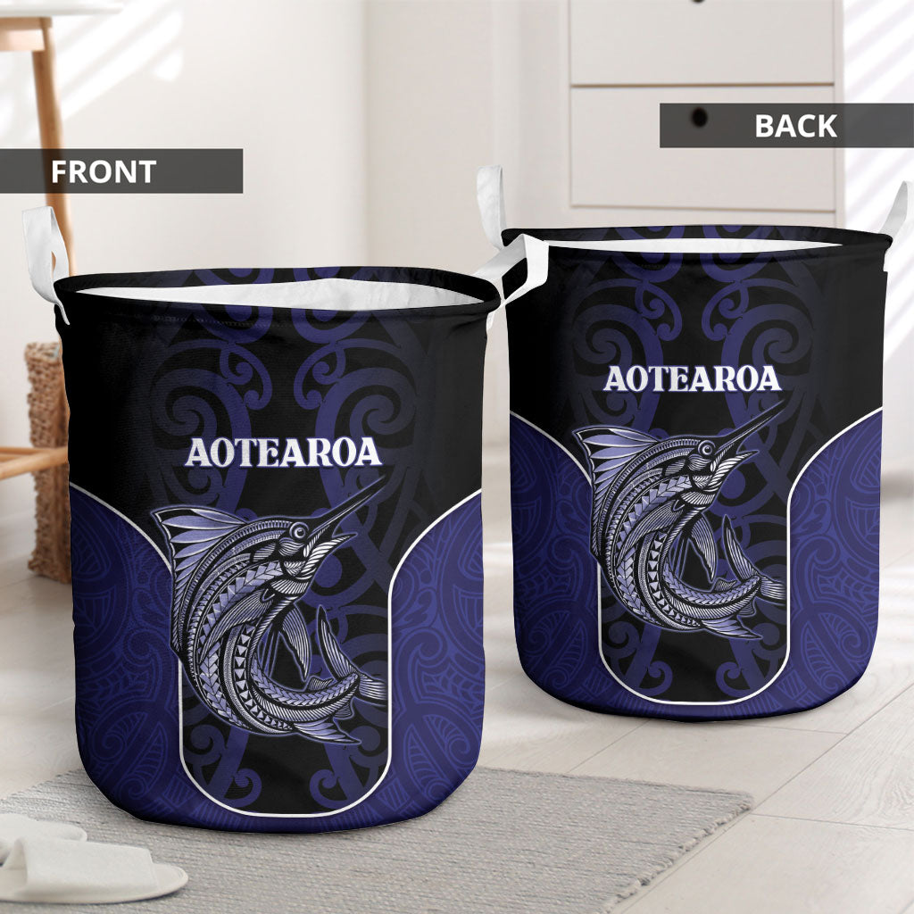 New Zealand Aotearoa Laundry Basket Blue Marlin Fishing Maori Pattern