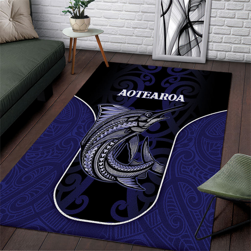 New Zealand Aotearoa Area Rug Blue Marlin Fishing Maori Pattern LT05 Black - Polynesian Pride