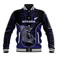 Personalised New Zealand Aotearoa Baseball Jacket Blue Marlin Fishing Maori Pattern